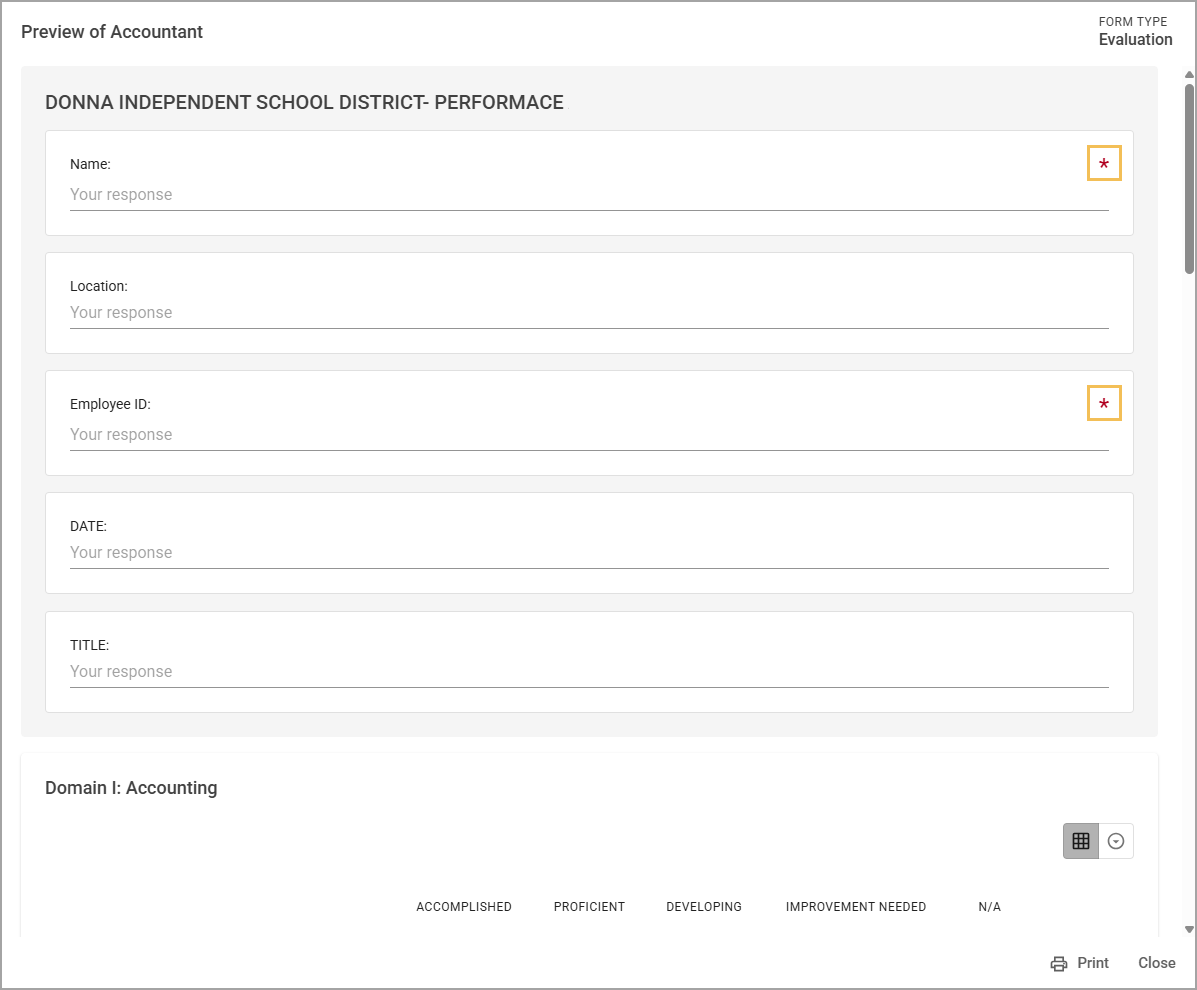 Performance evaluation form for an accountant with required fields.